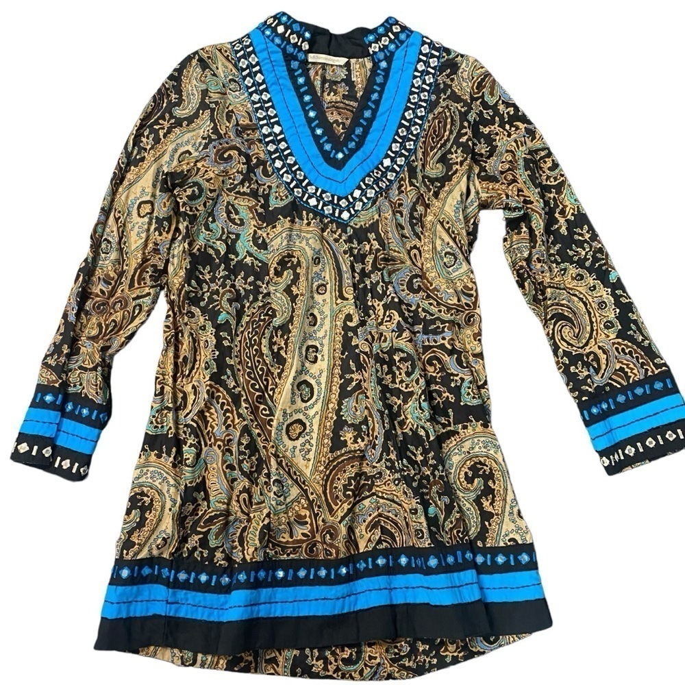 Soft Surroundings Turquoise Black Embellished Sheath Paisley Tunic Dress Size S